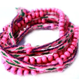 Washed Out Hot Pink Tie Wraps showcasing vibrant colors and hand sewn Czech beads, perfect for bracelets, anklets, and choker necklaces.