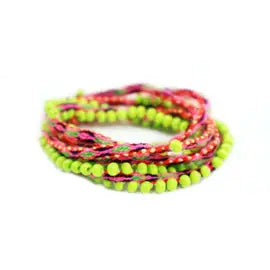 Washed Out Lime Beaded Tie Wraps featuring fuchsia and pink rose colors, handwoven alpaca blend textile with Czech beads.