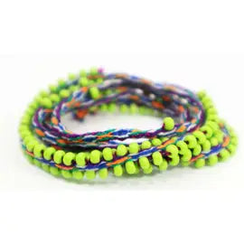 Washed Out Lime Beaded Tie Wraps featuring purple and teal colors, handwoven alpaca blend textile with Czech beads.