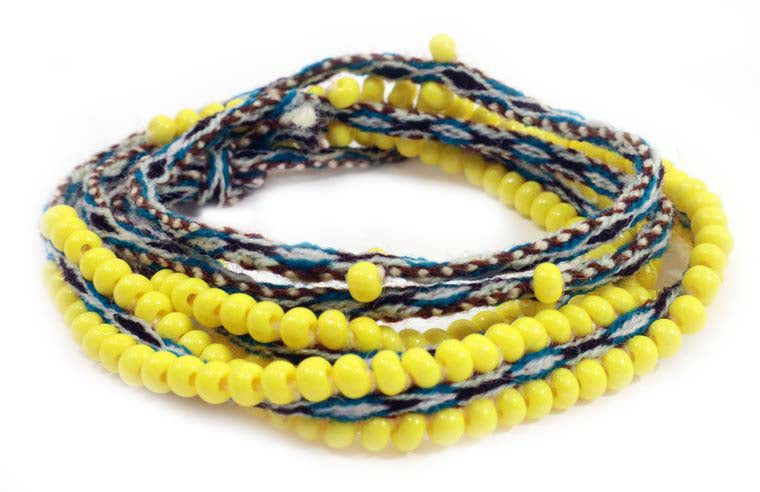Washed Out Yellow Beaded Tie Wraps featuring handwoven alpaca blend textile and Czech beads, styled as a bracelet and choker.