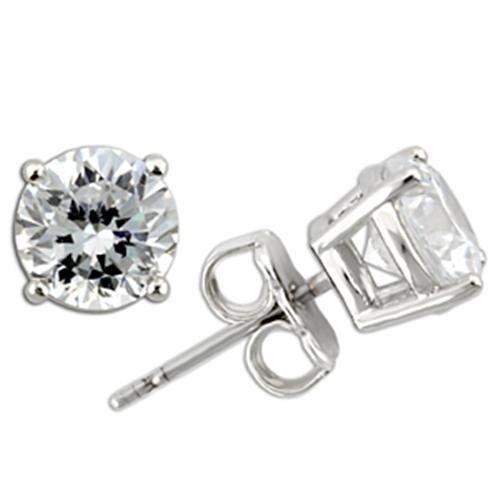 0W173 Rhodium 925 Sterling Silver Earrings featuring a clear AAA Grade CZ center stone, elegantly designed for any occasion.