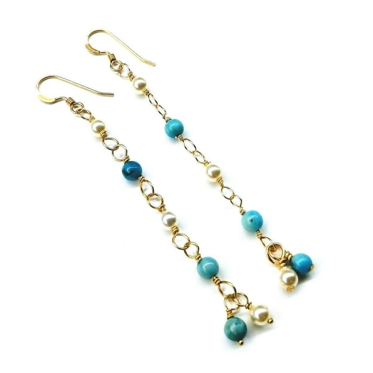 14 KT Gold Filled Wire Wrapped Long Turquoise Pearl Dangle Earrings featuring turquoise magnesite beads and Swarovski pearls.