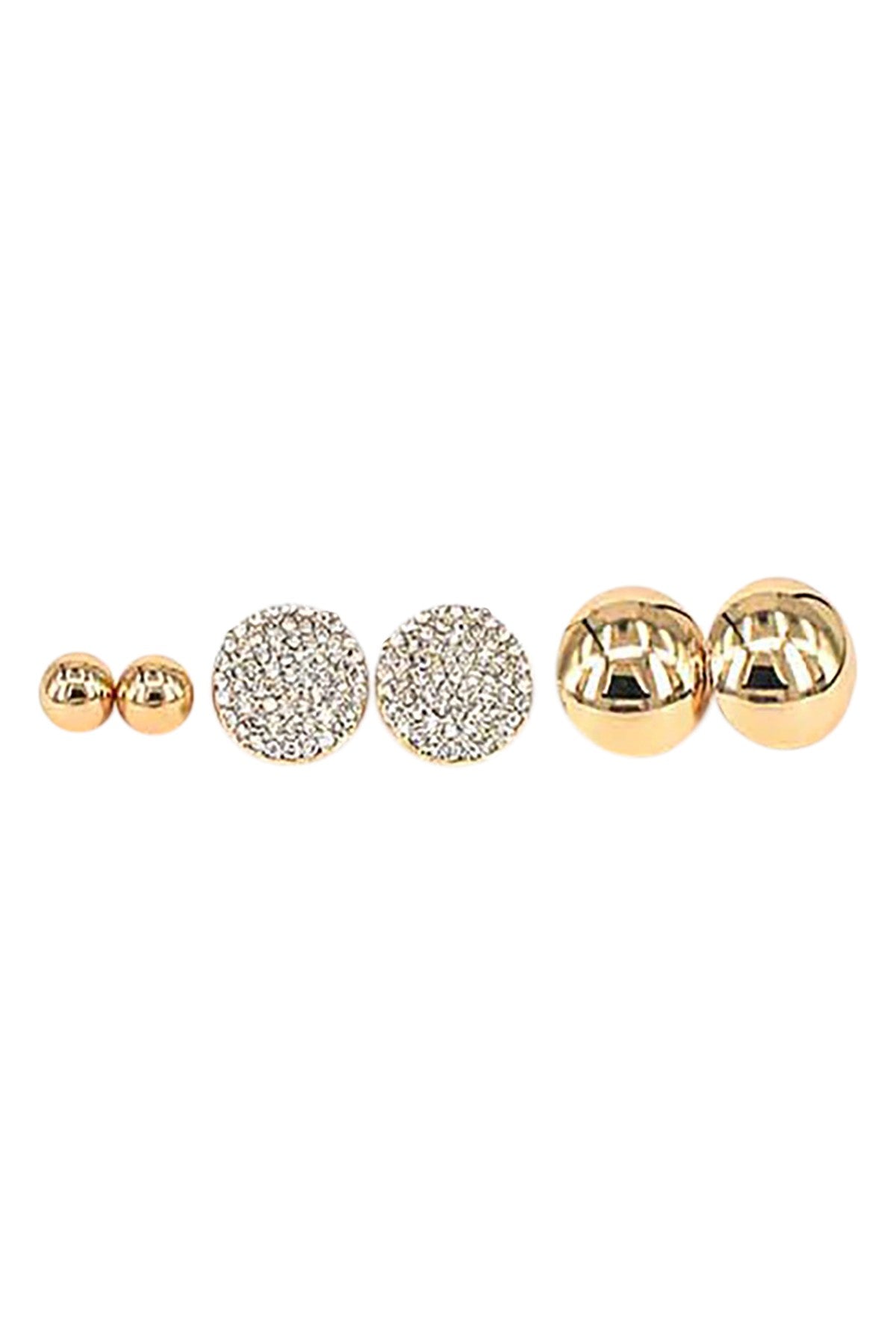 Three pairs of crystal round earrings in a set, showcasing elegant designs in various sizes, perfect for any occasion.