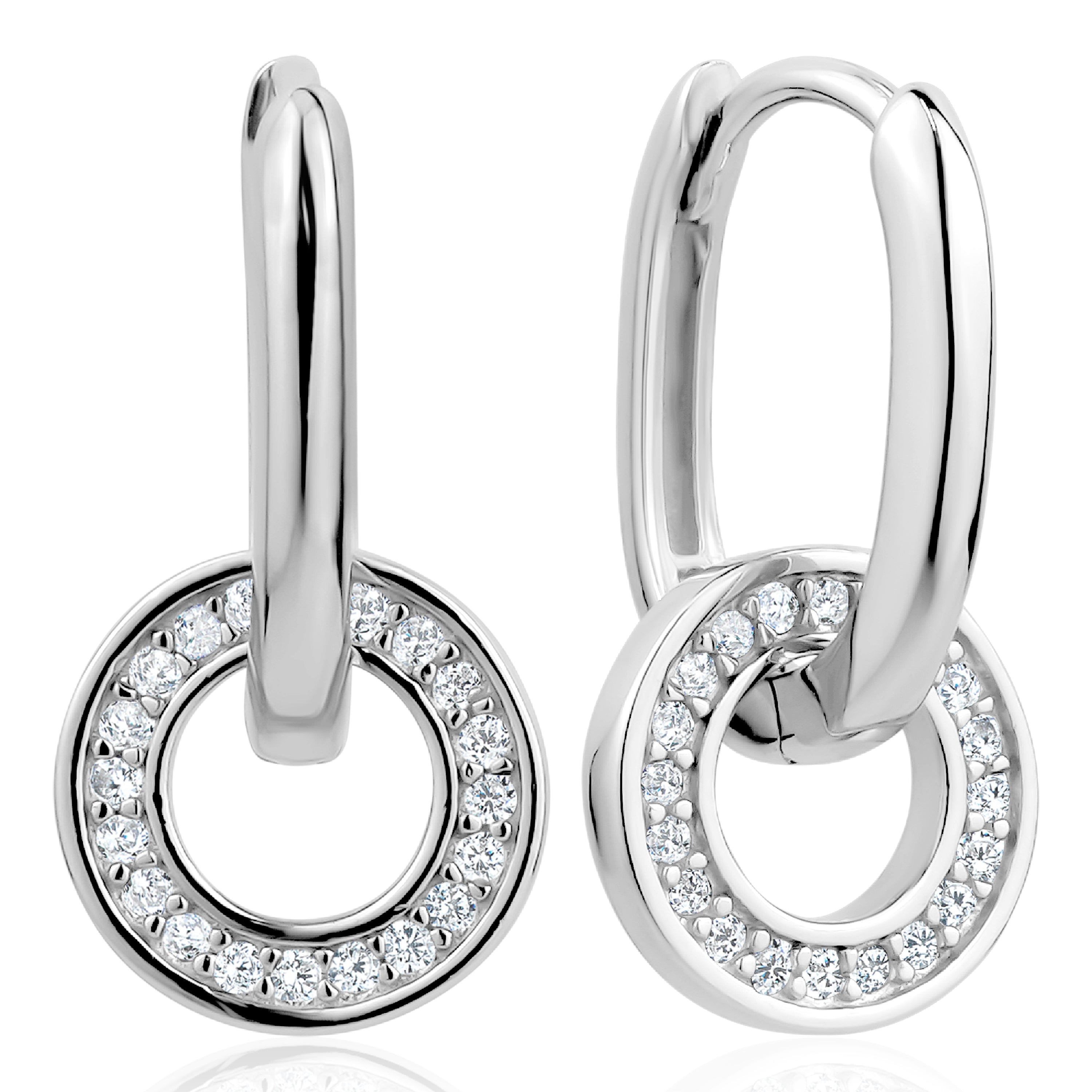 Elegant 3A cubic zirconia double loop earrings made from 925 sterling silver and rhodium plated, featuring a detachable hoop design.