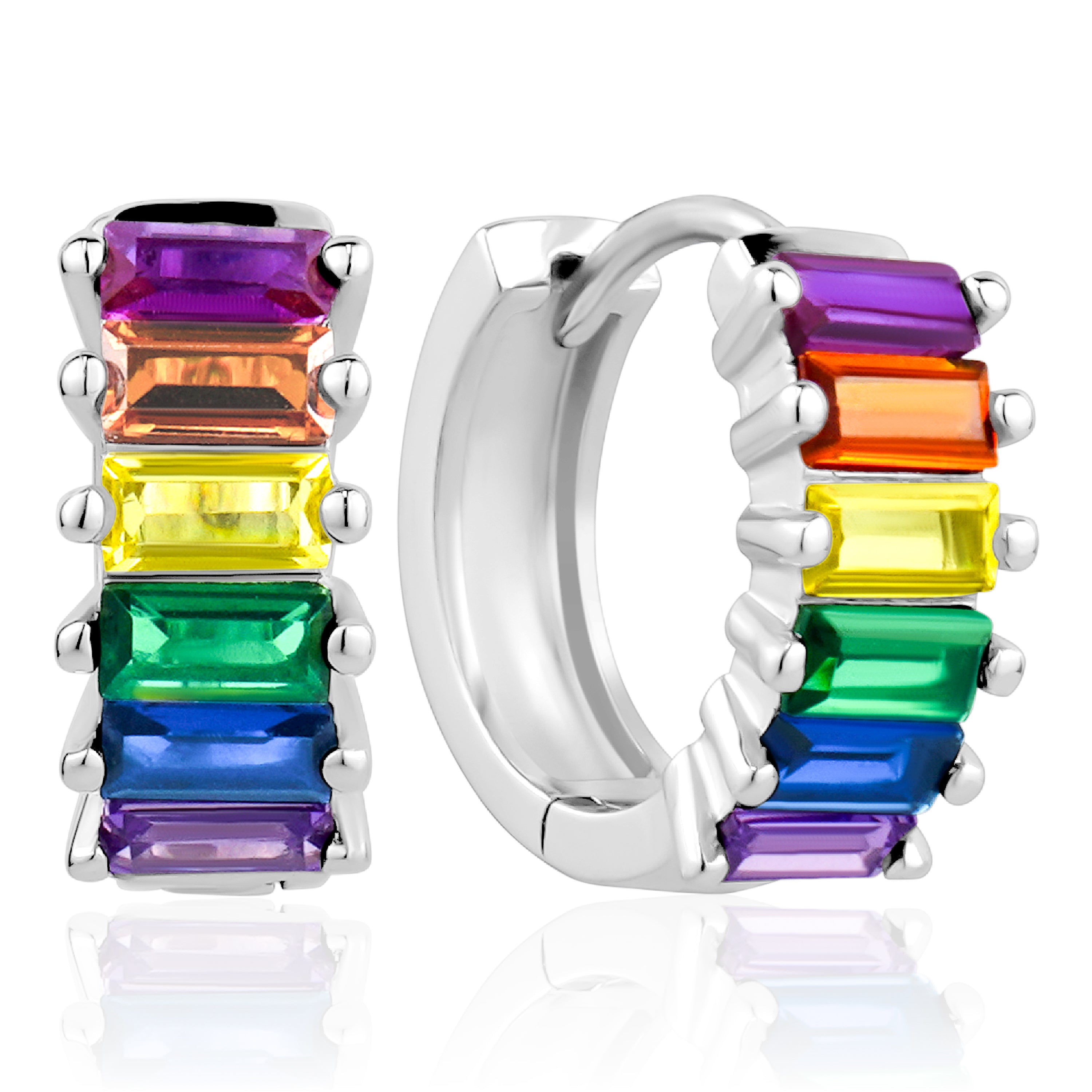 Elegant 3A Cubic Zirconia Multicolor Hoop Earrings made from 925 sterling silver with rhodium plating, featuring baguette-cut stones.