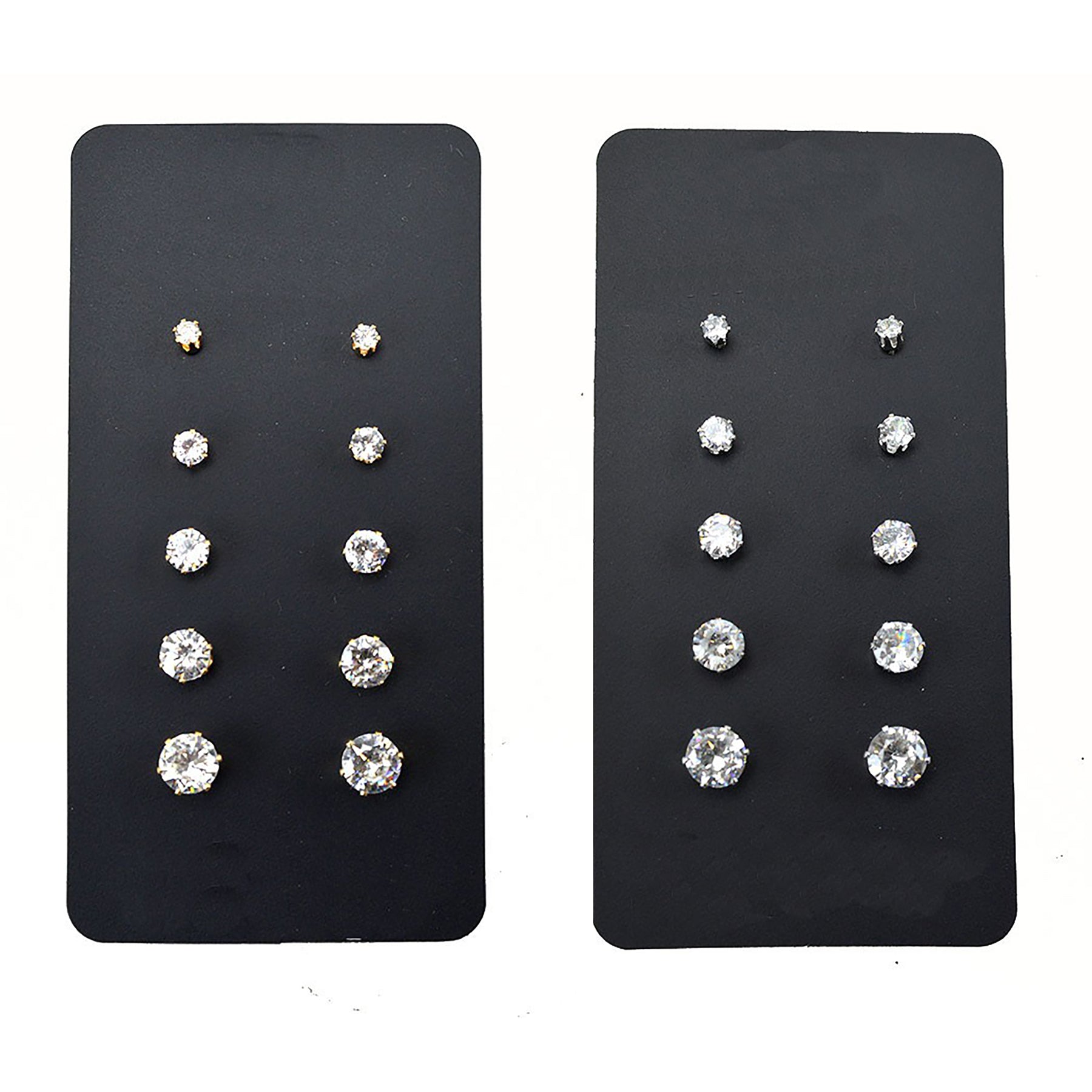 A stylish set of 5 pairs of rhinestone stud earrings displayed elegantly, showcasing various designs and sparkling details.