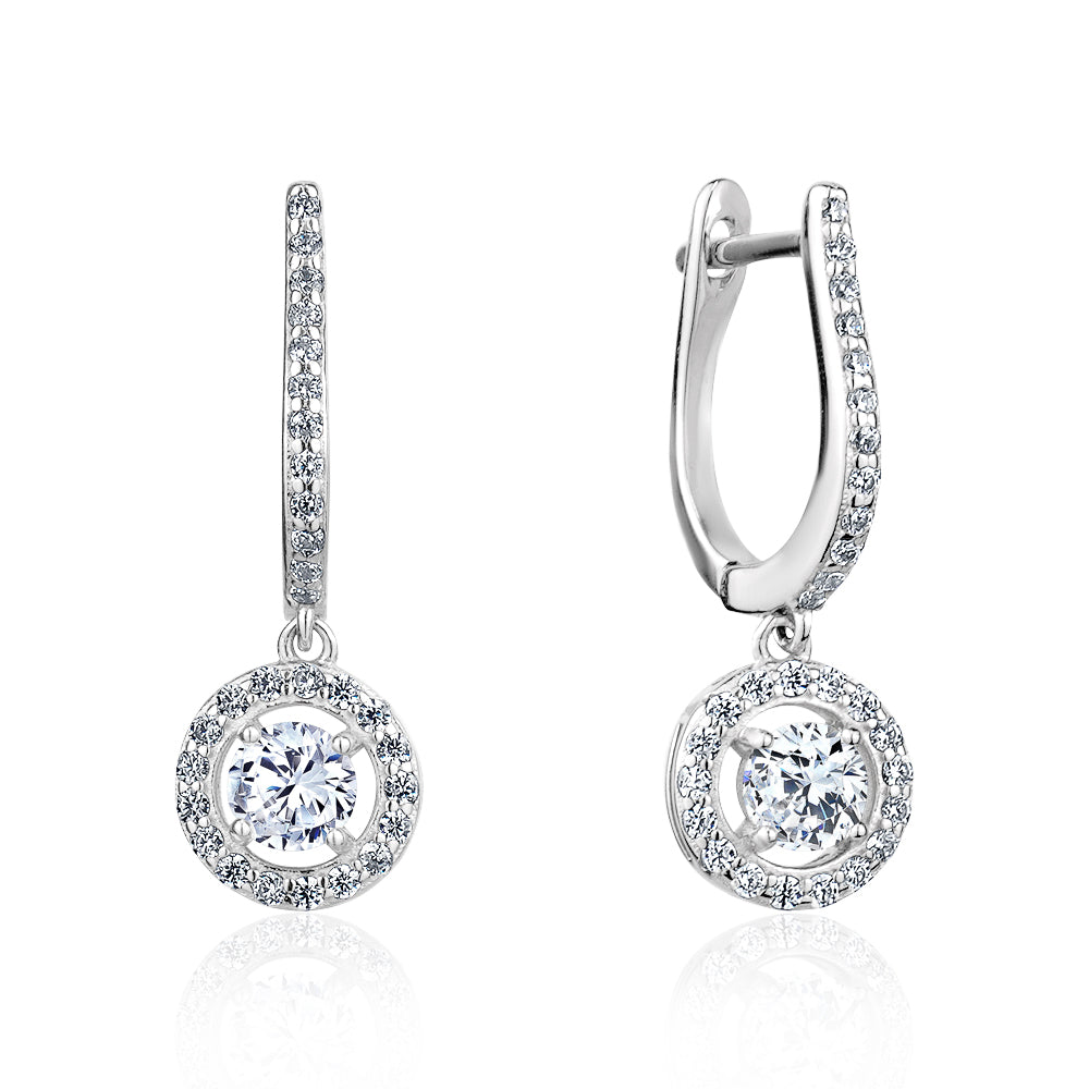 Elegant 5A Cubic Zirconia Geometric Halo Drop Earrings made of 925 sterling silver with Rhodium plating, showcasing their brilliant sparkle.