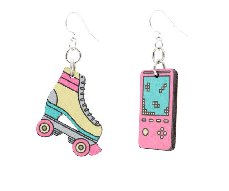 Colorful 80's Retro Earrings #1654 made from sustainably sourced wood with a laser-cut design and silver-finished stainless steel ear wires.