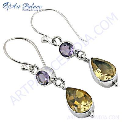 Elegant 925 silver earrings featuring amethyst and citrine gemstones, perfect for party wear.