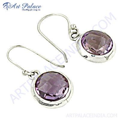 A pair of elegant 925 silver earrings featuring round cut amethyst gemstones, showcasing intricate silverwork and a stunning design.