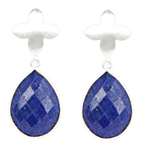 A pair of elegant 925 silver earrings featuring checker cut pear lapis gemstones, showcasing deep blue hues and sophisticated design.