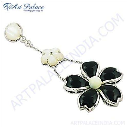 925 Silver Flower Style Gemstone Pendant featuring Black Onyx petals and a Pearl center, showcasing elegant floral design and quality craftsmanship.