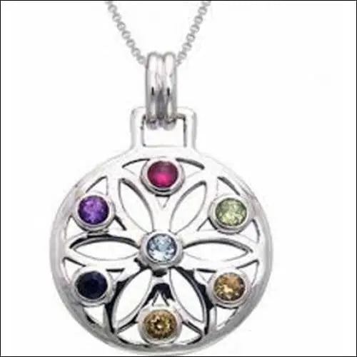 A beautiful 925 Sterling Silver Chakra Multi Gemstone Pendant featuring seven colorful gemstones representing the chakras, elegantly crafted for balance and harmony.