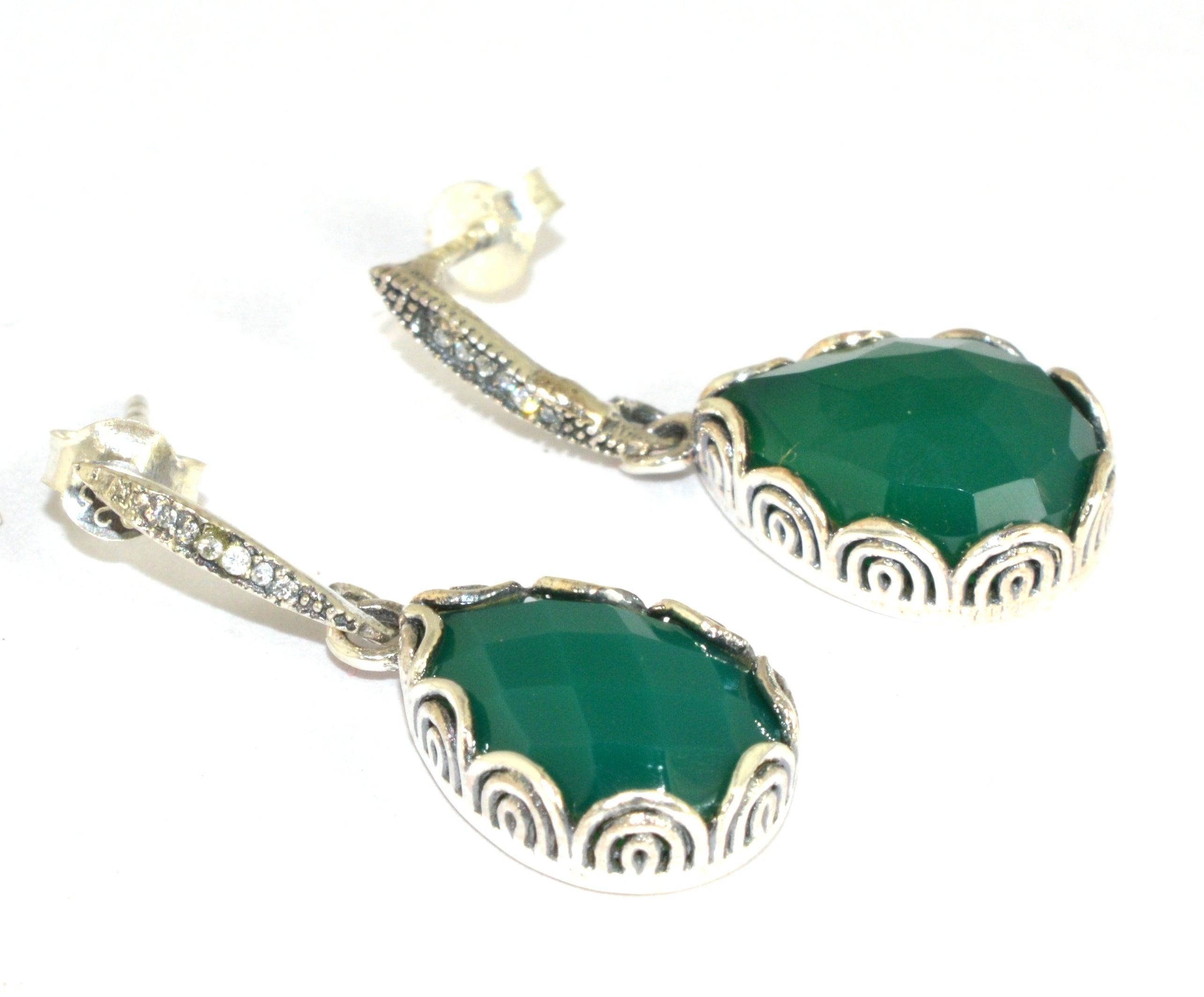 A pair of elegant 925 sterling silver earrings featuring checker cut green onyx and sparkling CZ stones in a traditional pear shape design.