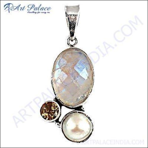 A beautiful 925 sterling silver pendant featuring citrine, pearl, and rainbow moonstone, showcasing intricate craftsmanship and elegant design.