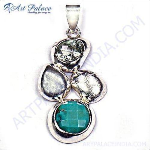 A beautiful 925 sterling silver pendant featuring green amethyst and turquoise gemstones, showcasing intricate craftsmanship.