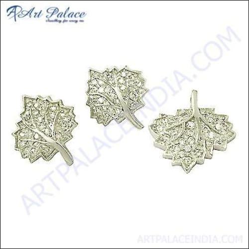 925 Sterling Silver Leaf Pendant and Earring CZ Set featuring intricate leaf designs and sparkling cubic zirconia stones.