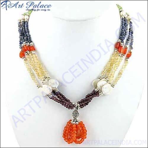 Elegant 925 sterling silver necklace adorned with vibrant multi-gemstone beads, showcasing a beautiful arrangement of colors.