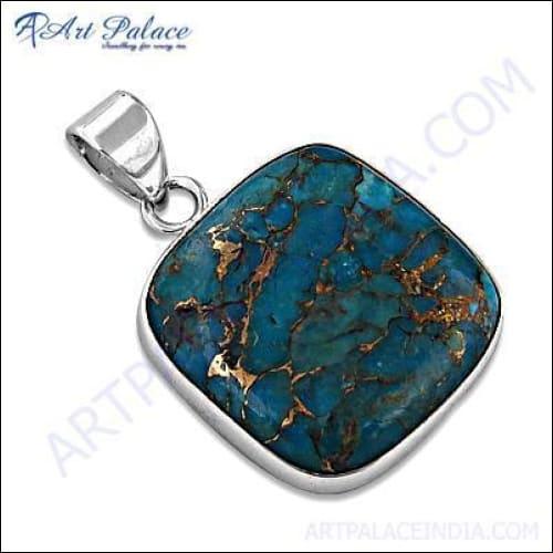 A beautiful 925 sterling silver pendant featuring a vibrant blue copper turquoise stone, showcasing intricate details and craftsmanship.