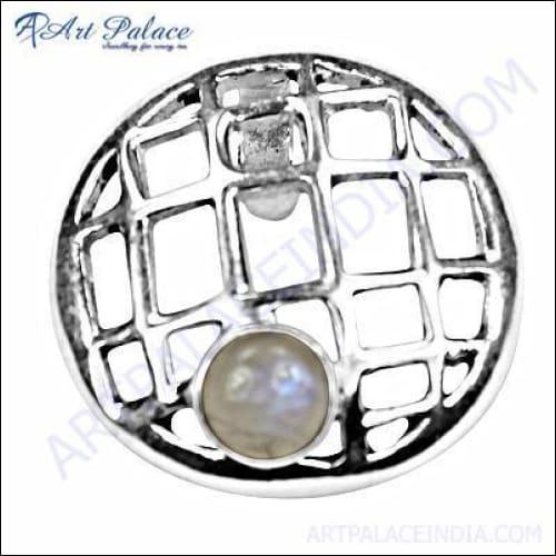 A beautifully crafted 925 sterling silver pendant featuring a rainbow moonstone, showcasing intricate fretwork design.