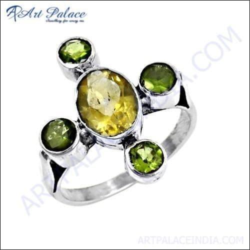 A beautiful 925 sterling silver ring featuring vibrant citrine and peridot gemstones, showcasing intricate craftsmanship and elegant design.