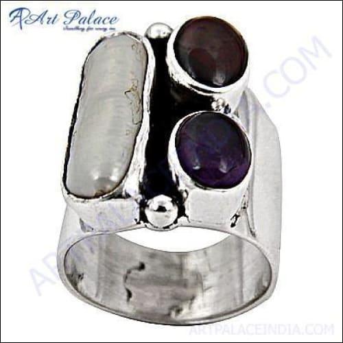 A beautiful 925 sterling silver ring featuring imitation amethyst, garnet, and pearl, showcasing intricate design and craftsmanship.