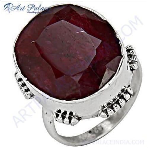 Elegant 925 sterling silver ring featuring bright dyed ruby stones, showcasing intricate craftsmanship and vibrant color.