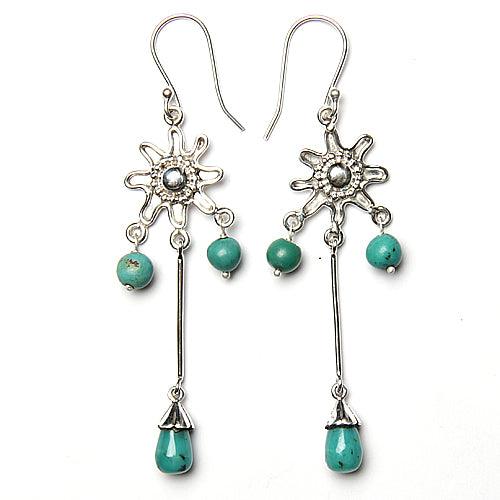 A pair of elegant 925 sterling silver dangle earrings featuring vibrant turquoise gemstones, showcasing intricate craftsmanship.