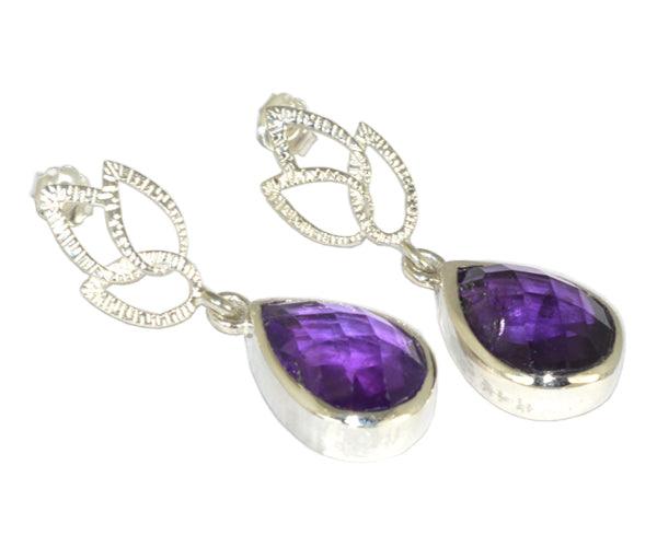 A pair of elegant earrings featuring pear-shaped checker-cut amethyst gemstones surrounded by sparkling white cubic zirconia, set in 925 sterling silver.
