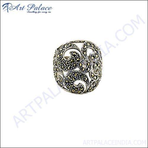 Adjustable Gun Metal Silver Marcasite Ring with intricate detailing and a modern finish.