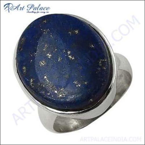 Adjustable Lapis Lazuli Natural Gemstone Silver Ring featuring deep blue lapis lazuli with golden pyrite inclusions set in a sterling silver band.