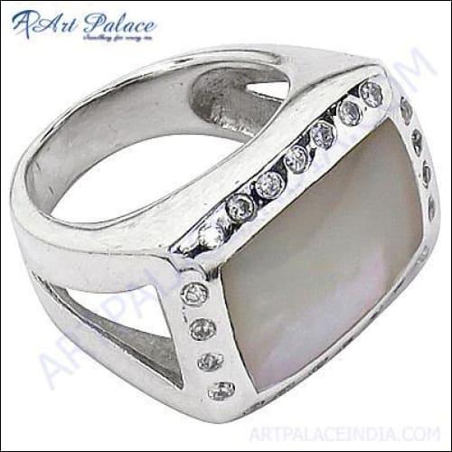 Affordable cubic zirconia pearl gemstone silver ring showcasing its elegant design and sparkling stones.