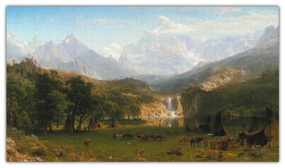 Albert Bierstadt puzzle featuring the Rocky Mountains, showcasing 303 precision-cut pieces in a vintage design.