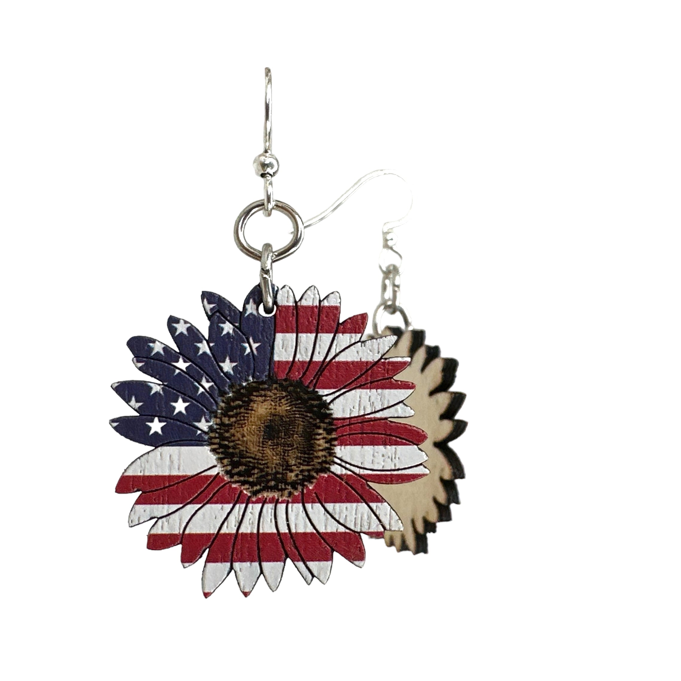 American Sunflower Earrings made from sustainably sourced wood with a sunflower design and natural wood back, featuring hypoallergenic stainless steel ear wires.