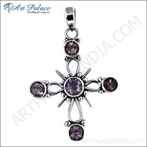 Amethyst gemstone silver cross pendant featuring intricate design and 925 sterling silver craftsmanship, symbolizing faith and elegance.