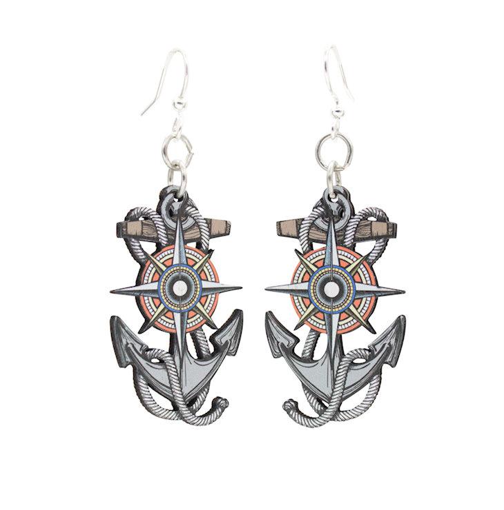Anchor and Compass Rose #1653 earrings made from sustainably sourced wood with silver-finished stainless steel ear wires, featuring a unique nautical design.