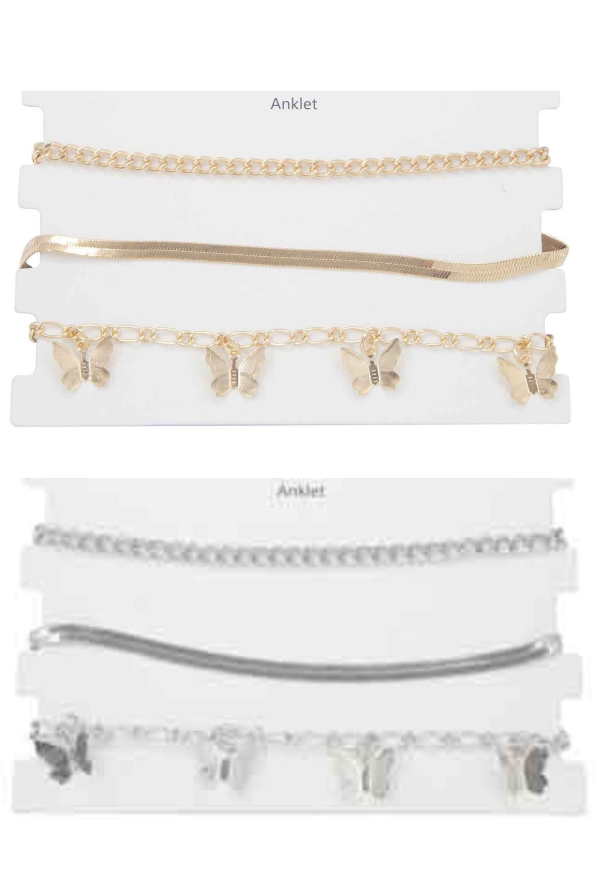 Three stylish anklets featuring butterfly charms, adjustable length, and a lobster claw clasp.