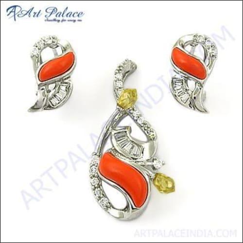 Antique CZ Synthetic Coral Gemstone Silver Pendant Set featuring sparkling CZ stones and vibrant synthetic coral in a sophisticated silver setting.