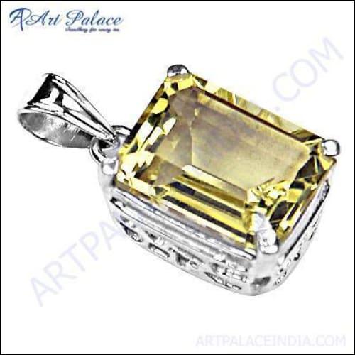 Artisanal Square Lemon Quartz Gemstone Silver Pendant showcasing a vibrant yellow gemstone set in a polished silver frame.