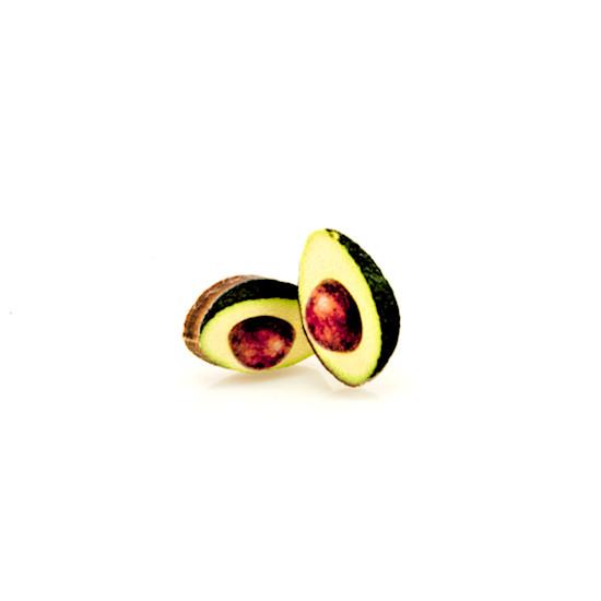 A pair of Avocado Stud Earrings featuring a vibrant avocado design on sustainably sourced wood with silver-finished stainless steel ear wires.