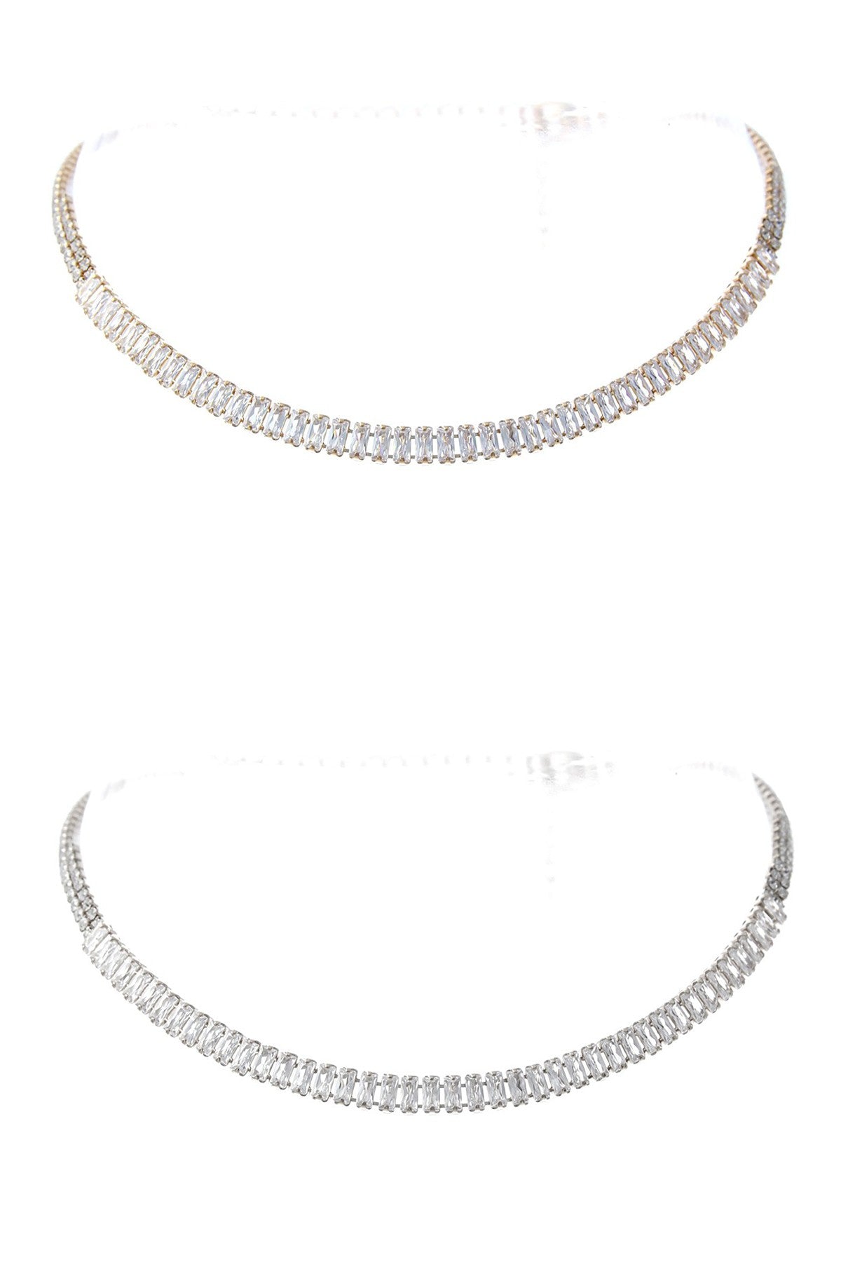 A stunning Baguette Cubic Zirconia Collar Necklace featuring sparkling stones and an adjustable clasp.