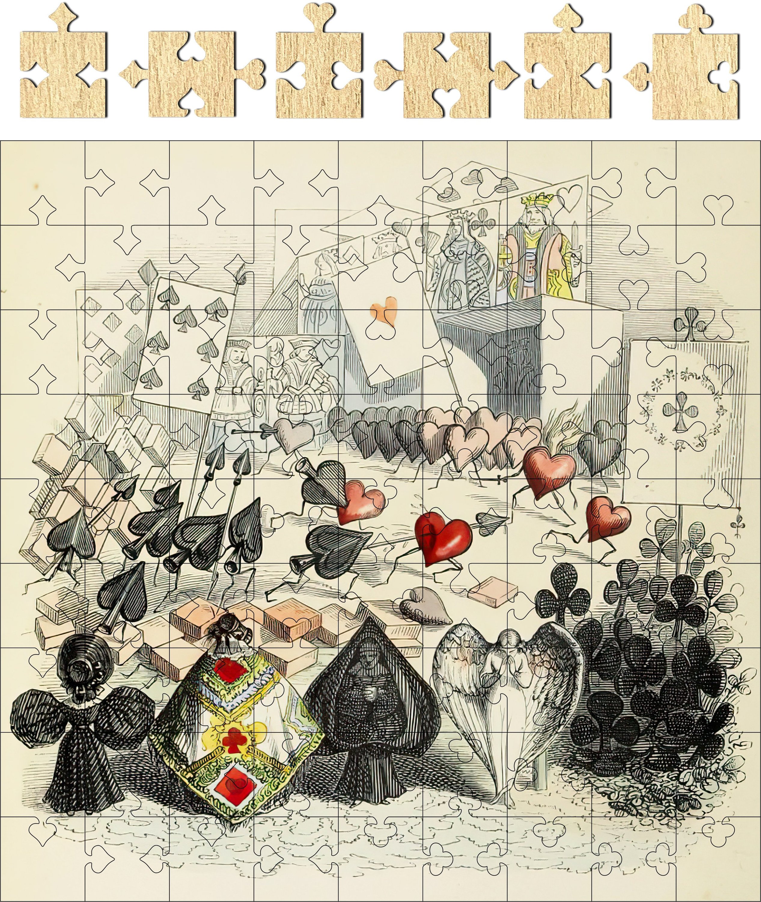 Battle of the Cards Whimsical Puzzle featuring 81 intricately designed pieces in a 9" x 9" size, made from birch wood or recycled paper.