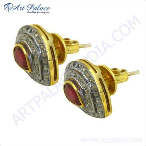 Beautiful Victorian Ruby and Diamond Stud Earrings, gold plated with intricate design and vibrant gemstones.