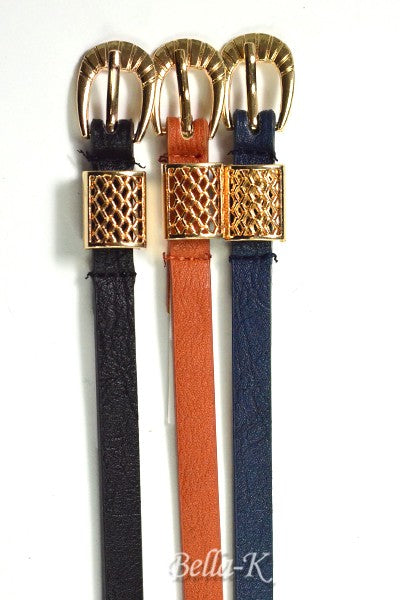 Bella-K New Fashion Faux Leather Skinny Buckle Belts in black, brown, and navy with a gold plated buckle.