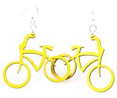 A pair of lemon yellow bicycle earrings made from sustainably sourced wood, featuring silver-finished stainless steel ear wires.