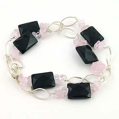 Elegant Black Onyx and Rose Quartz Gemstone Necklace with Sterling 925 Silver Chain, showcasing a handcrafted design.