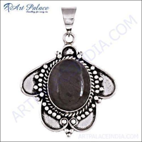 Black Rutilated Quartz Silver Pendant crafted from 925 sterling silver, featuring unique gemstone inclusions and intricate ethnic design.