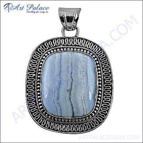 A stunning Blue Lace Agate Gemstone Silver Pendant featuring intricate patterns set in 925 silver, showcasing elegance and craftsmanship.