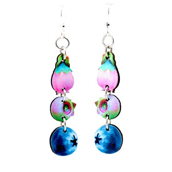 A pair of vibrant Blueberry Earrings made from sustainably sourced wood, featuring a laser-cut design with a natural wood back and silver-finished hypoallergenic ear wires.