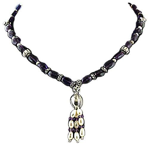 A beautiful Bohemian Style Amethyst and Pearl Beaded Necklace made with 925 sterling silver, showcasing vibrant amethyst and lustrous pearl beads.